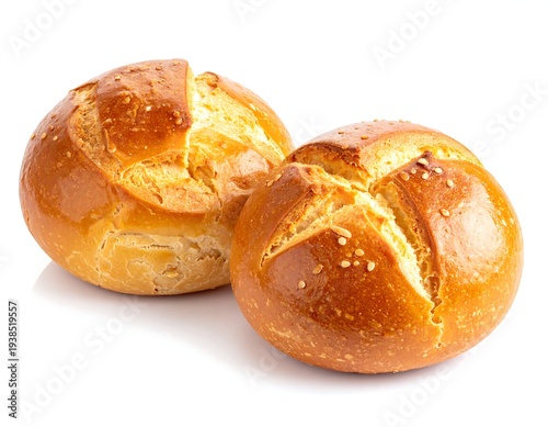 Two golden-brown bread rolls, scored on top and sprinkled with seeds, sit on a white surface