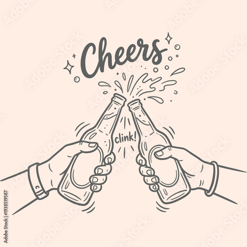 Two hands clinking beer bottles together in a celebratory cheers sketch