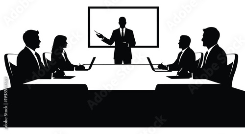 A silhouetted business meeting in progress featuring a presenter and attentive audience high quality professional detailed