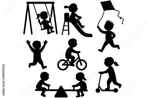 Playground Kids Silhouette Icons – Children Playing Outdoor Activities Set