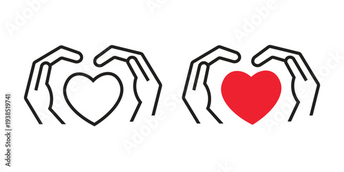 Care heart protection icon set. Helping hands love support symbol. Outline and solid vector icons.