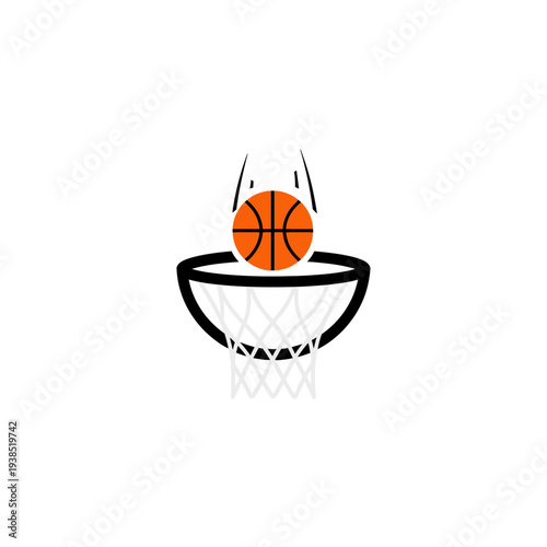 Basketball going through the hoop in a simple graphic illustration.