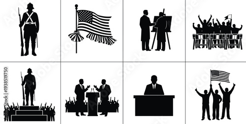 American patriot silhouettes, civic engagement icons, protest crowd, soldier memorial, political debate outline, flag design, unity celebration, black illustration