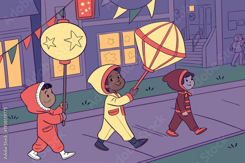 Happy Children Walking with Lanterns at Night