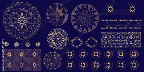 Intricate geometric patterns and floral designs on a dark blue background
