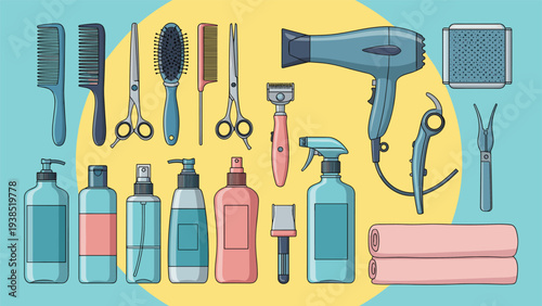 Collection of professional hairdressing tools and beauty salon equipment including scissors combs and hair dryer on blue background.