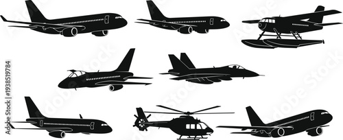 Aircraft silhouettes collection, airplane outline, fighter jet design, seaplane figure, helicopter profile, aviation art, black illustration, transport icon