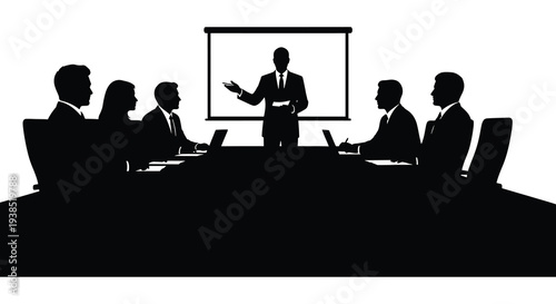 A silhouetted business meeting is in progress with a presenter and attentive audience high quality professional