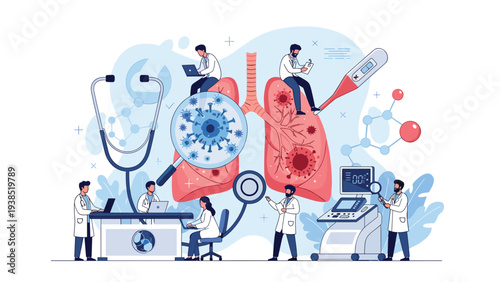 Medical researchers and doctors studying human lungs and respiratory diseases with various scientific tools in flat illustration.
