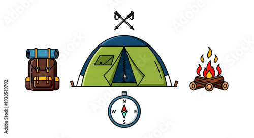 A camping scene with a tent, backpack, compass, axe, and campfire arranged in a row on a white background viewed from directly above outdoor adventure