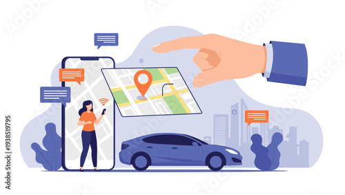 Car sharing and taxi booking service app illustration with hand pointing at mobile screen showing map location and vehicle.