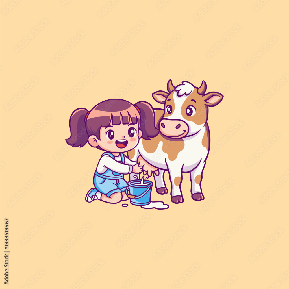 Naklejka premium Girl Milking a Cow Illustration