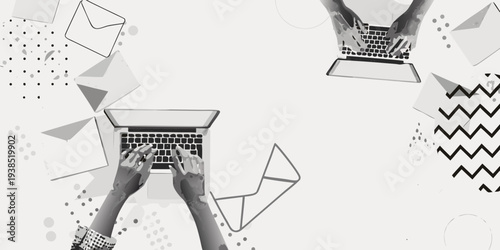 Hands typing on laptops with abstract shapes and envelope illustrations