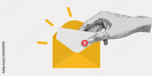 A hand interacts with an envelope displaying a notification symbol