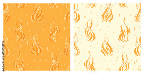 Set of Two Vector Fire Flame Seamless Pattern. Bold Yellow Dynamic Flame Backgrounds