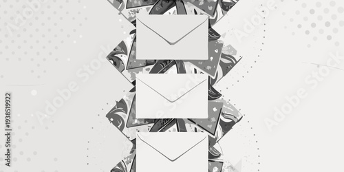 Stack of white envelopes against a patterned grayscale background
