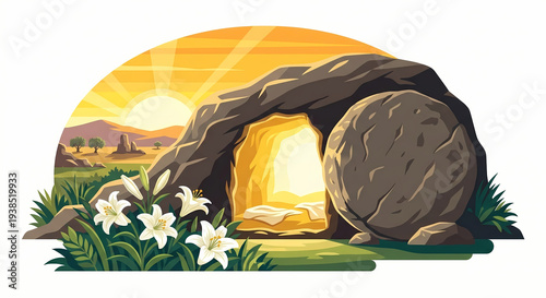 Empty tomb with rolled stone white lilies and sunrise