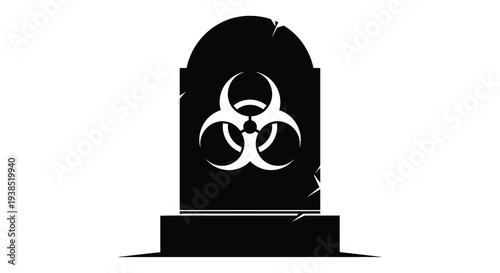 A stark black tombstone displays a prominent biohazard symbol suggesting danger and potential contamination high quality