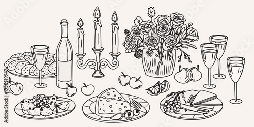 A sketched still life featuring candles roses fruit and dining elements