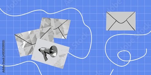 Digital illustration of scattered envelopes and a snail on blue grid