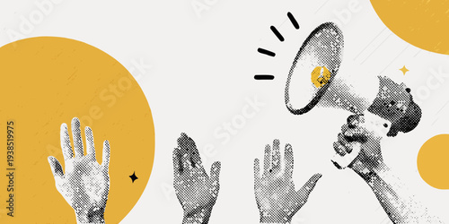 A person speaking into a megaphone with raised hands in the foreground