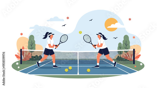 Two female tennis players competing on an outdoor tennis court with sun and park background in flat illustration style.