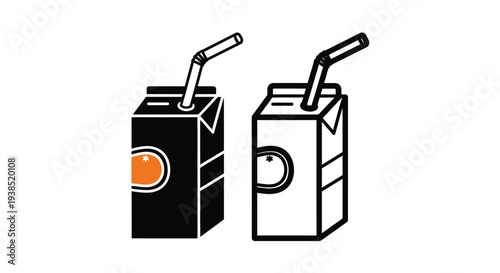 Two juice boxes with straws a contrasting black and white silhouette