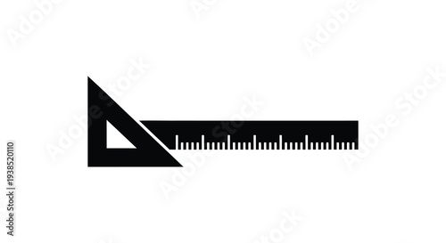 A black and white illustration depicting a set square and a ruler with measurements high quality