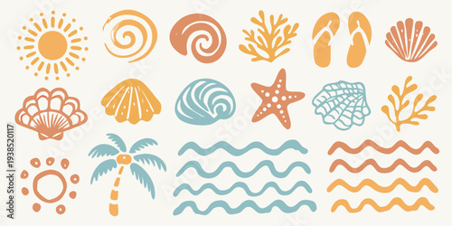 A collection of stylized beach and ocean themed illustrations