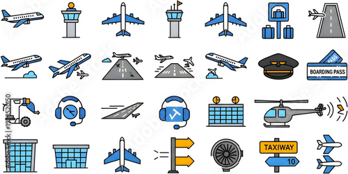 Collection of various aviation icons including airplanes, helicopters, and airport elements from a top-down viewpoint showcasing transportation and travel