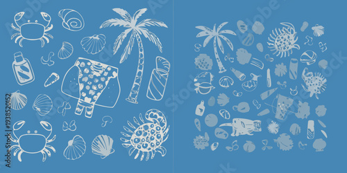 Whimsical blue background featuring hand drawn beach and ocean life illustrations