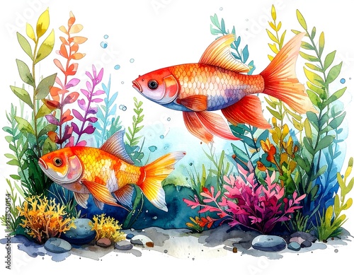 Two goldfish swimming among colorful aquatic plants in a painterly style, with bubbles and pebbles at the bottom