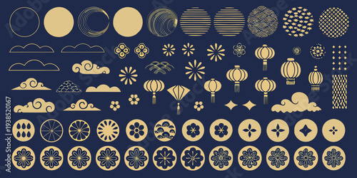 Collection of traditional japanese patterns and motifs in gold tones