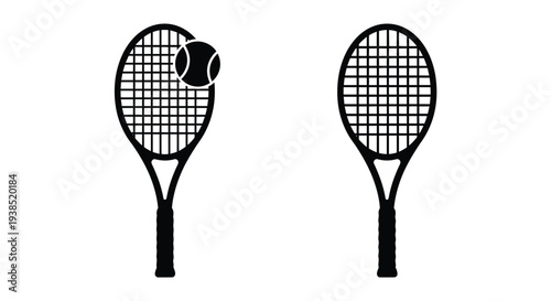 Two tennis rackets and a ball in stark black silhouette