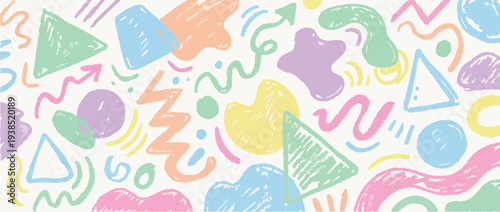 Kid pastel texture with Memphis pop playground and crayon background for funky school design. Crayon drawn organic geometric shapes and doodles. 80s or 90s aesthetic retro colorful wallpaper.