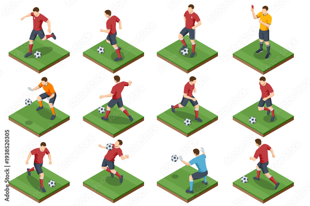 Fototapeta premium Isometric soccer player action collection with football athlete pose for pass, kick, defense and goalkeeper save. Sport character set for match animation, tactic diagram or game interface design.
