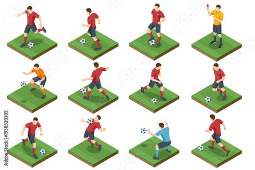 Isometric soccer player action collection with football athlete pose for pass, kick, defense and goalkeeper save. Sport character set for match animation, tactic diagram or game interface design.