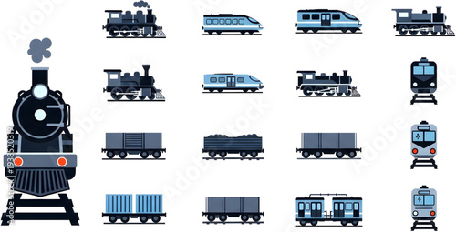 A collection of various train cars and locomotives depicted in a graphic illustration style from different viewpoints on a clean white background