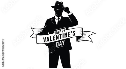 A silhouetted man in a suit and hat presents a happy valentine s day ribbon banner