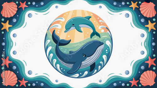 Whale and dolphin swimming together in ocean circle with seashells and stars