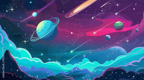 Cosmic scene featuring planets stars and celestial bodies in vibrant colors