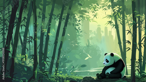 Cartoon panda resting in bamboo forest with sunlight and landscape background