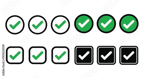 Series of checkmark icons in circles black and green silhouette