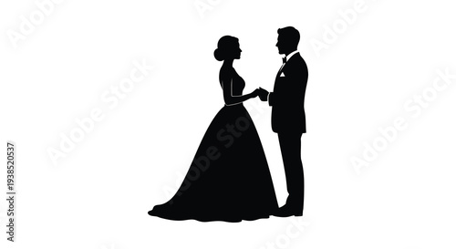 A silhouetted couple a bride in a gown and groom in a suit facing each other