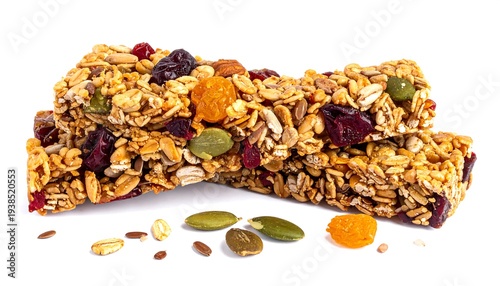 Two granola bars with seeds and dried fruit stacked on white