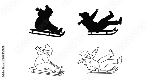 Children sledding and skiing in winter a striking black silhouette