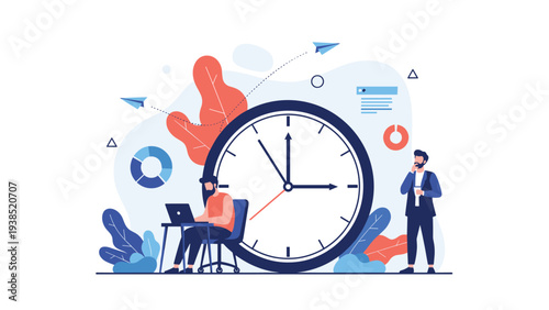 Business team analyzing data and managing time with giant clock and various performance charts in modern flat illustration.