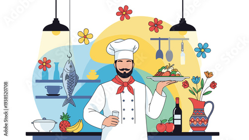 Professional chef presenting a gourmet dish in a decorated kitchen with fresh ingredients and flowers in flat vector style.
