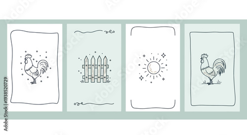 Rooster, Fence, Sun Simple Line Art Illustrations - Set of 4 Cards