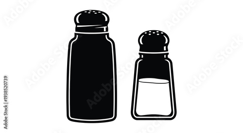 Simple black and white illustration of a pepper grinder and a salt shaker side by side high quality